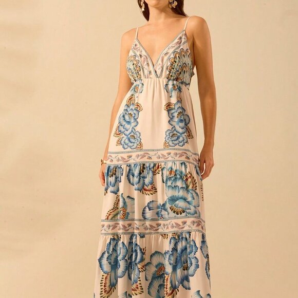 Multicolor Boho Women's Tropical Print V-Neck Long Camisole Dress Beach Dress - Picture 4 of 8